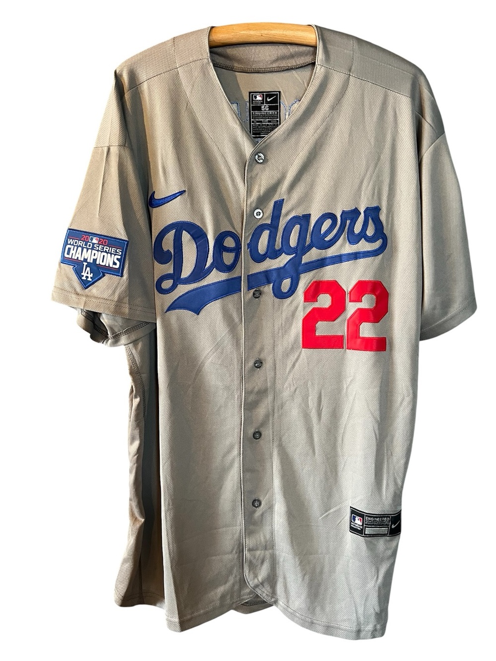 Clayton Kershaw Dodgers Baseball Jersey Adult Grey World Series Patch Sz 56 3XL